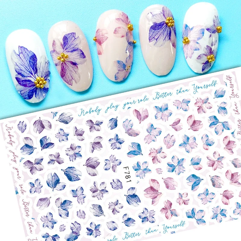 Geometric Lines Flower Leaf 3D Nail Stickers Blue Gold Cool Fall Leaves Spring Transfer Slider Nail Art Decoration Manicures-Nail Inspo
