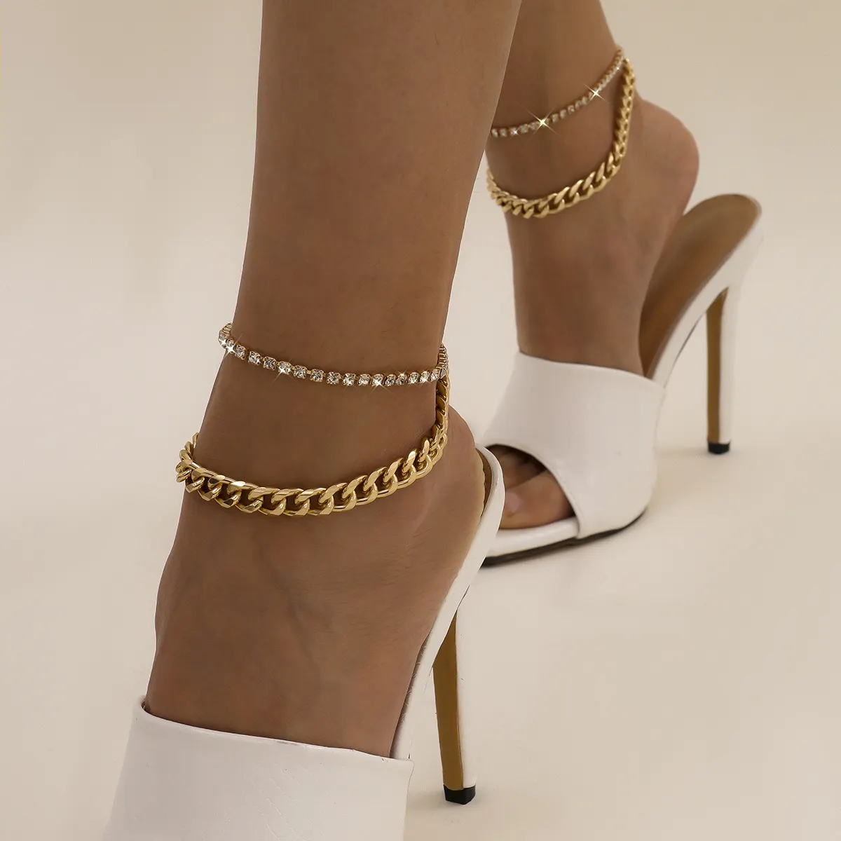 Hip Hop Trendy Metal Punk Geometric Double Layer Thick Chain Set Bracelet Anklet-vocosishoes