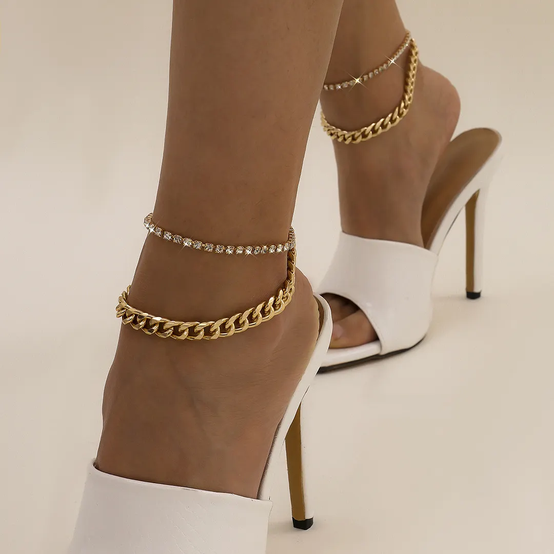 Hip Hop Trendy Metal Punk Geometric Double Layer Thick Chain Set Bracelet Anklet-vocosishoes