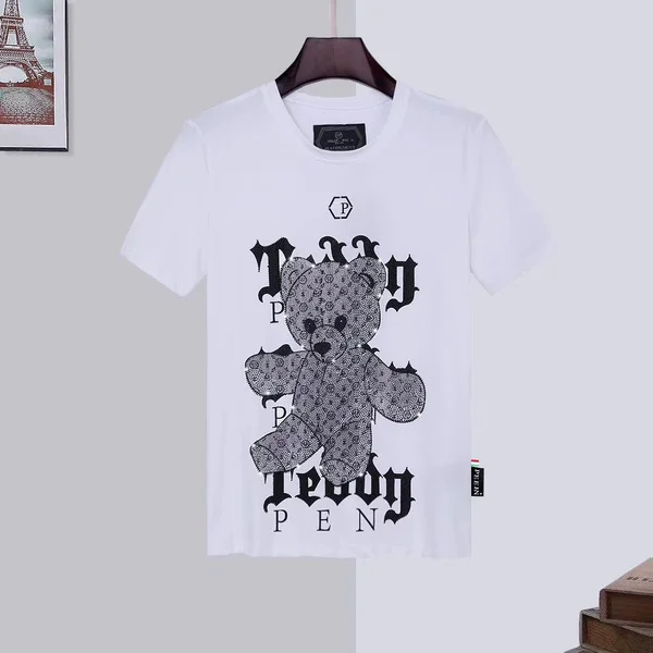 Philipp Plein Men Cotton Round Neck T-Shirt Casual PP Rhinestone Bear Top