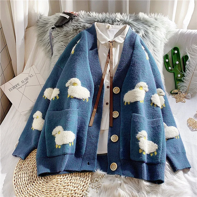 Soft Sheep Embroidery Cardigan Sweater - Gotamochi Kawaii Shop, Kawaii Clothes