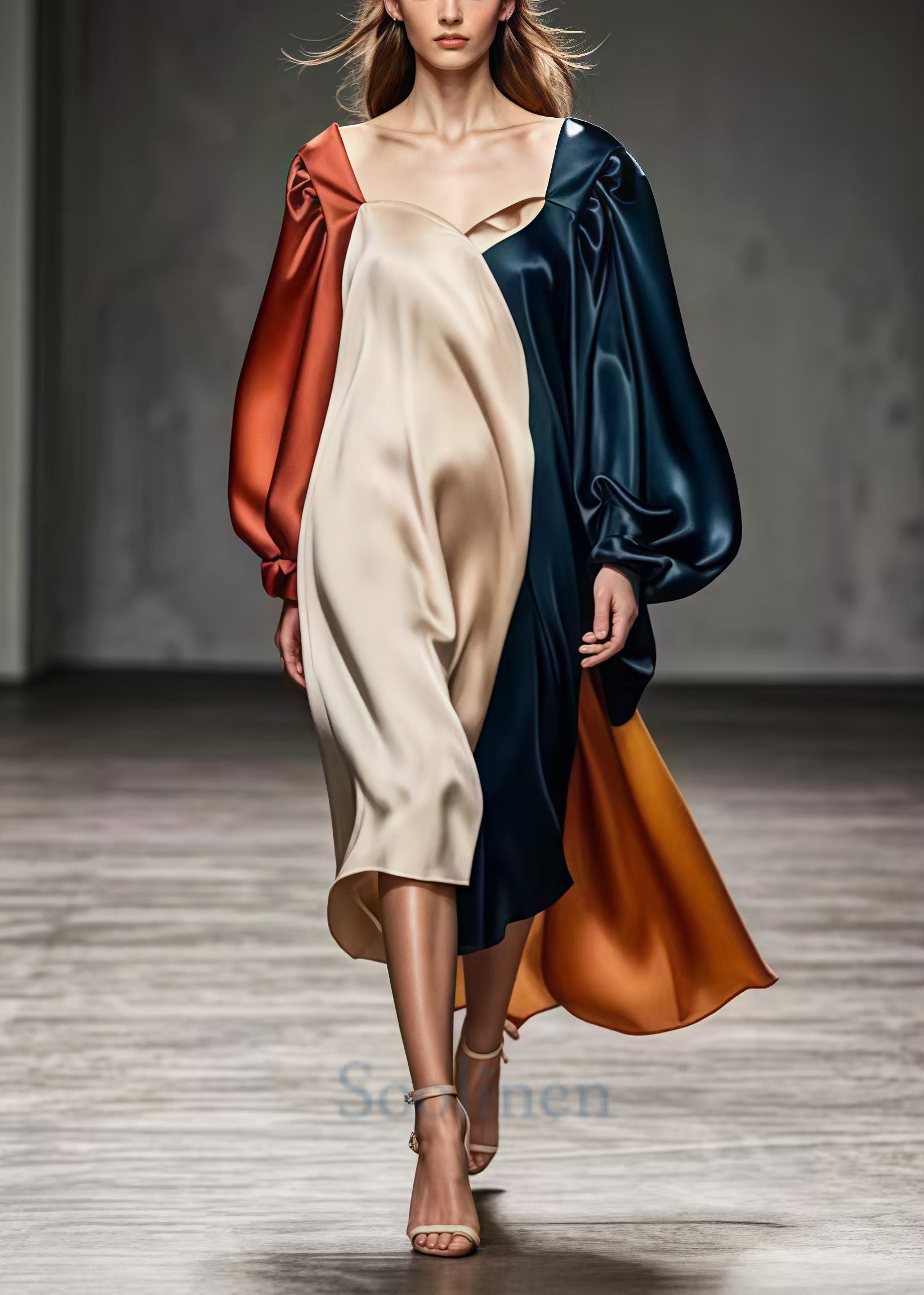 VCSHOES Square Collar Asymmetrical Patchwork Silk Dresses Lantern Sleeve