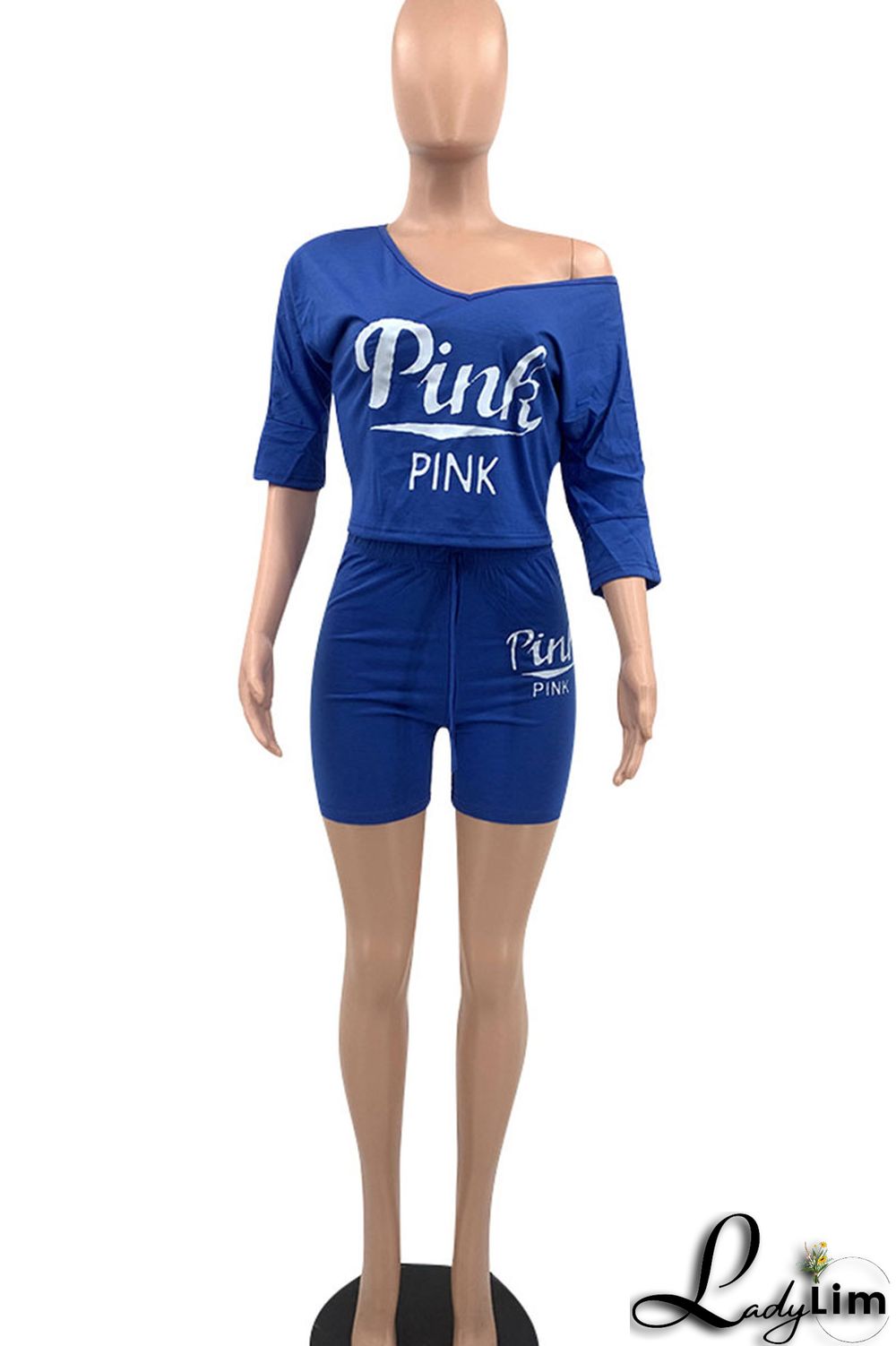 Blue Casual Print Patchwork V Neck Half Sleeve Two Pieces