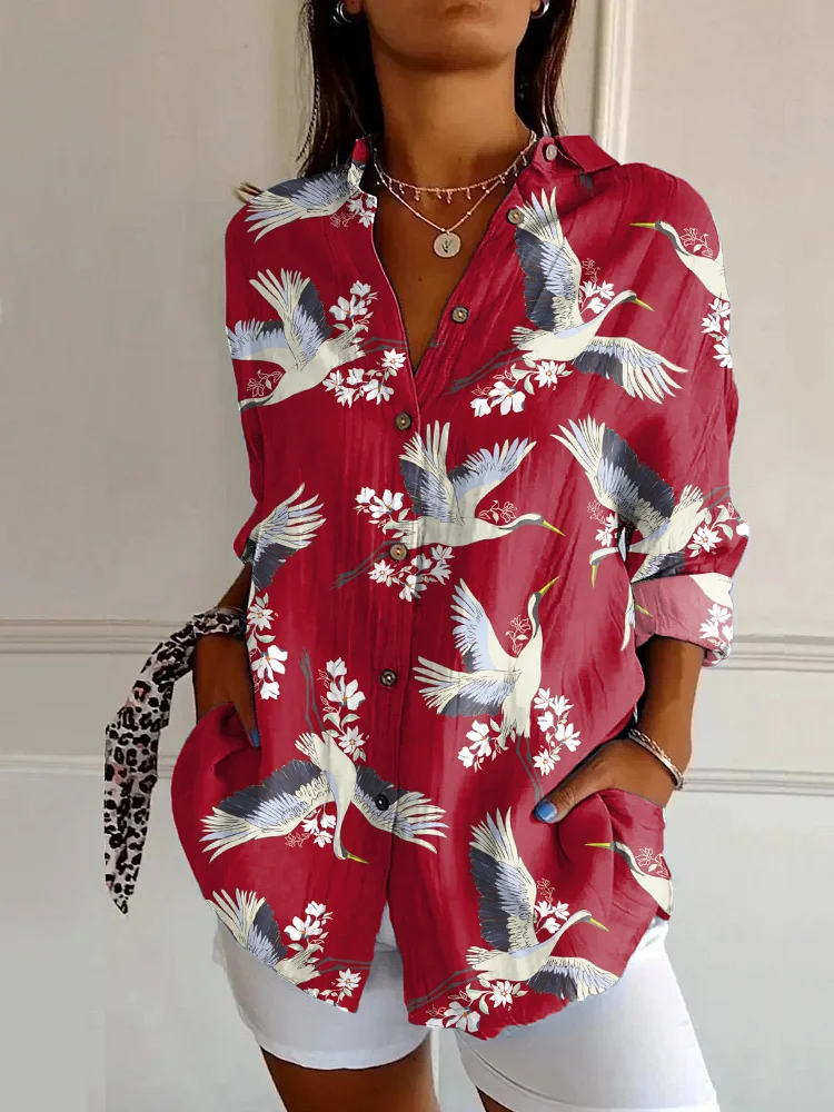 Japanese Classic White Crane Print Casual Long-sleeved Shirt