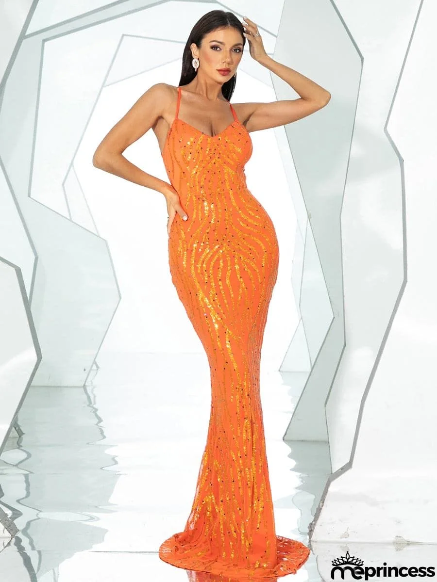 Lace Up Orange Sequin Evening Dress RD50189