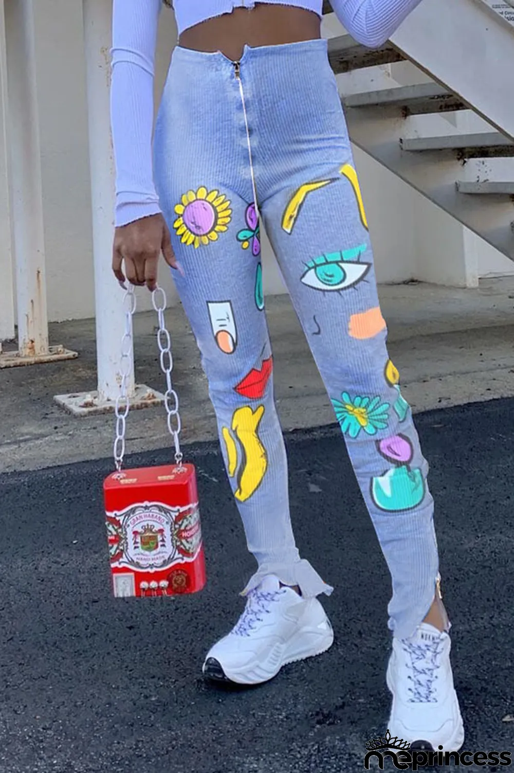 Red Polyester Zipper Fly High Print pencil Pants Bottoms