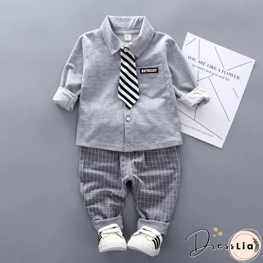 2Pcs Boys Autumn Clothing Suit Kids Gentleman Boy Tie Shirt + Pants Toddler Baby Boys Outfits Clothes Set Suitable for 0-4 Years