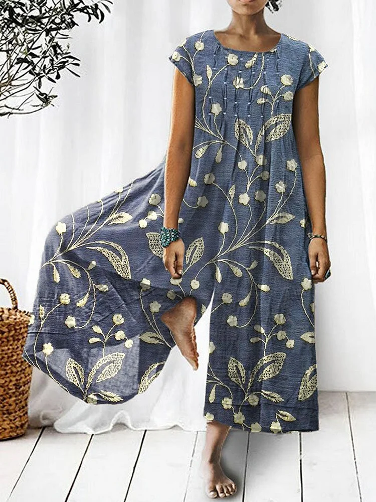 Women's Retro Elegant Floral Art Print Casual Cotton And Linen Jumpsuit