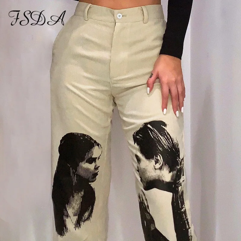 FSDA Autumn Winter Wide Leg Vintage Pants Women Print 2021 Fashion High Waist Corduroy Loose Trouser Long Oversizes