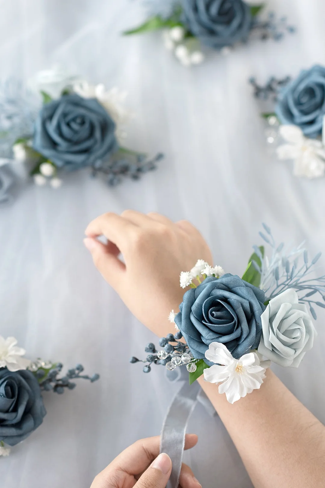 Wrist Corsages in Romantic Dusty Blue