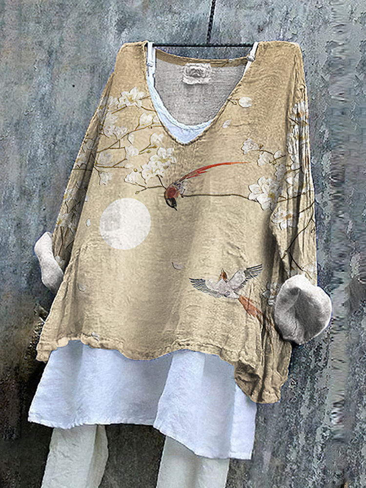 Comstylish Flower And Bird Print V-Neck Casual Blouse