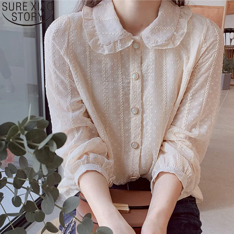 Doll Collar Sweet Chiffon Shirts Women Blouses 2022 Autumn Long Sleeve Fashion Dot Shirt Blusas Ladies Casual Tops 3XL 10351