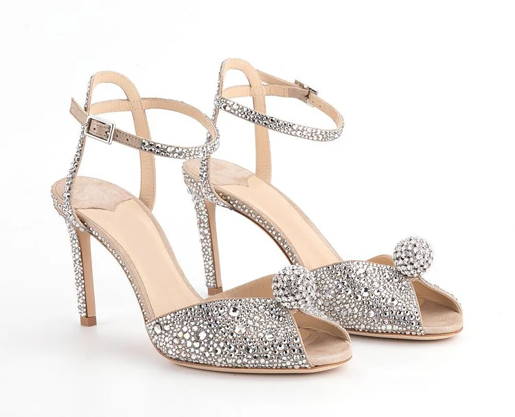 Elegant Pearl Embellished Peep Toe Stiletto Sandals - White shopify Stunahome.com