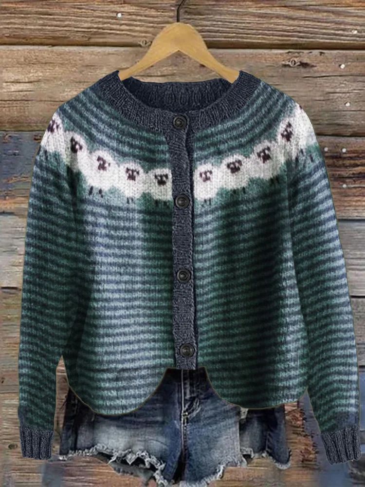 VChics Vintage Sheep Yoke Striped Cozy Knit Cardigan