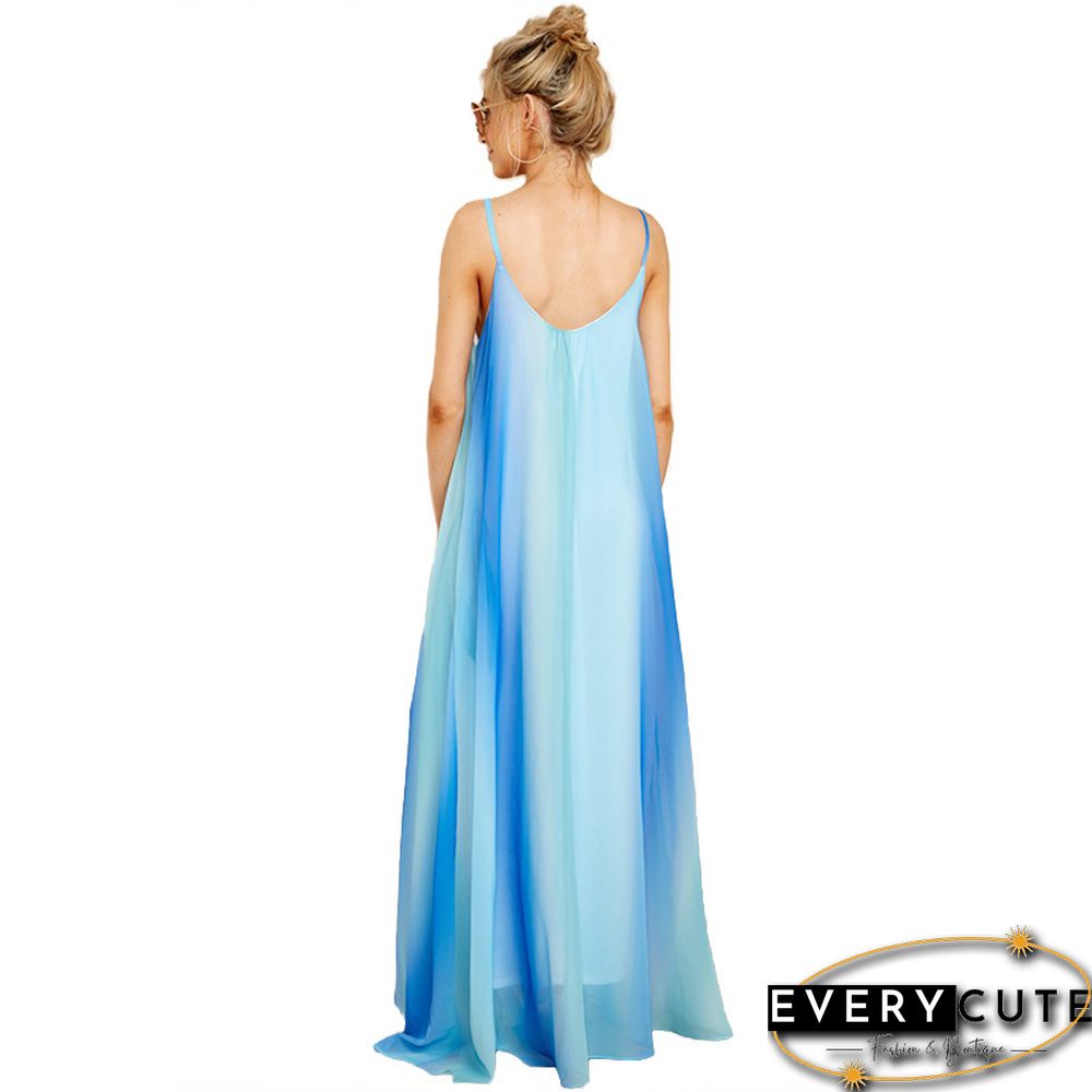 Light Blue Stripes Spaghetti Straps Maxi Beach Dress