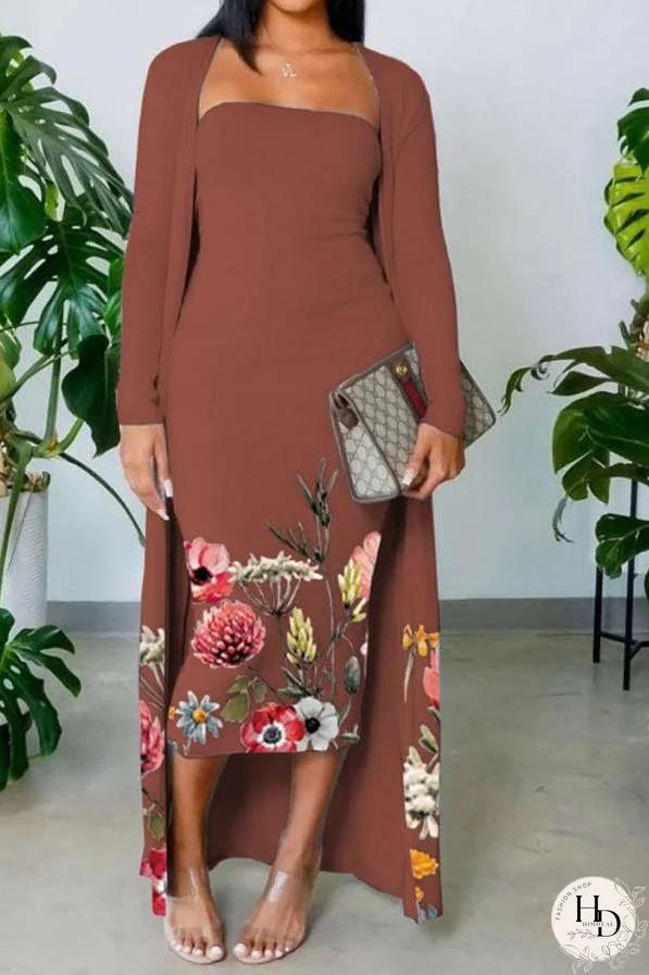 Conjunto de cárdigan con vestido tubo y estampado floral sexy