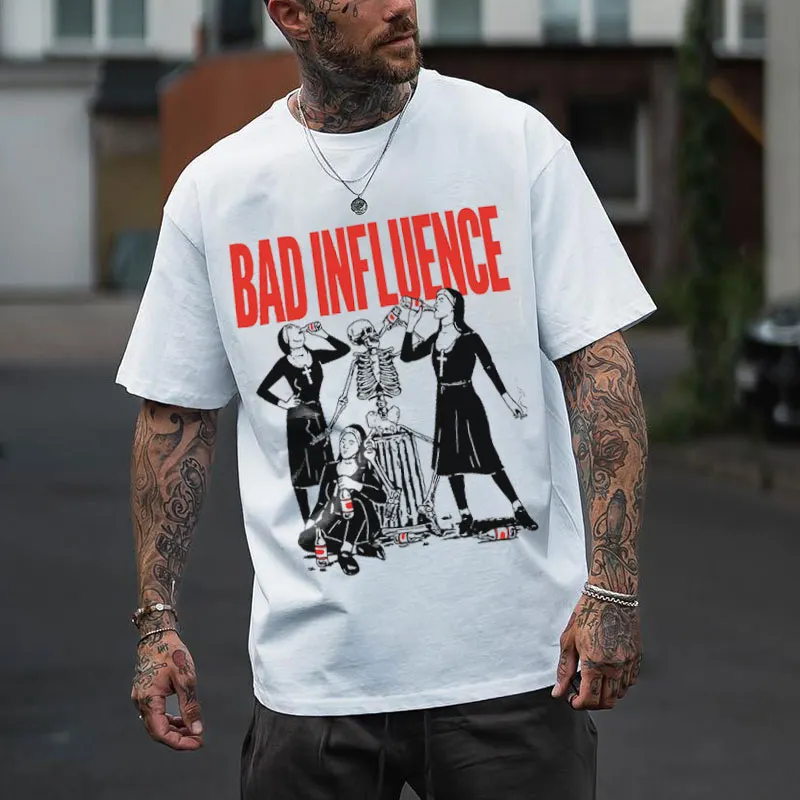 BAD INFLUENCE Skull and Nun Drinking White Print T-shirt