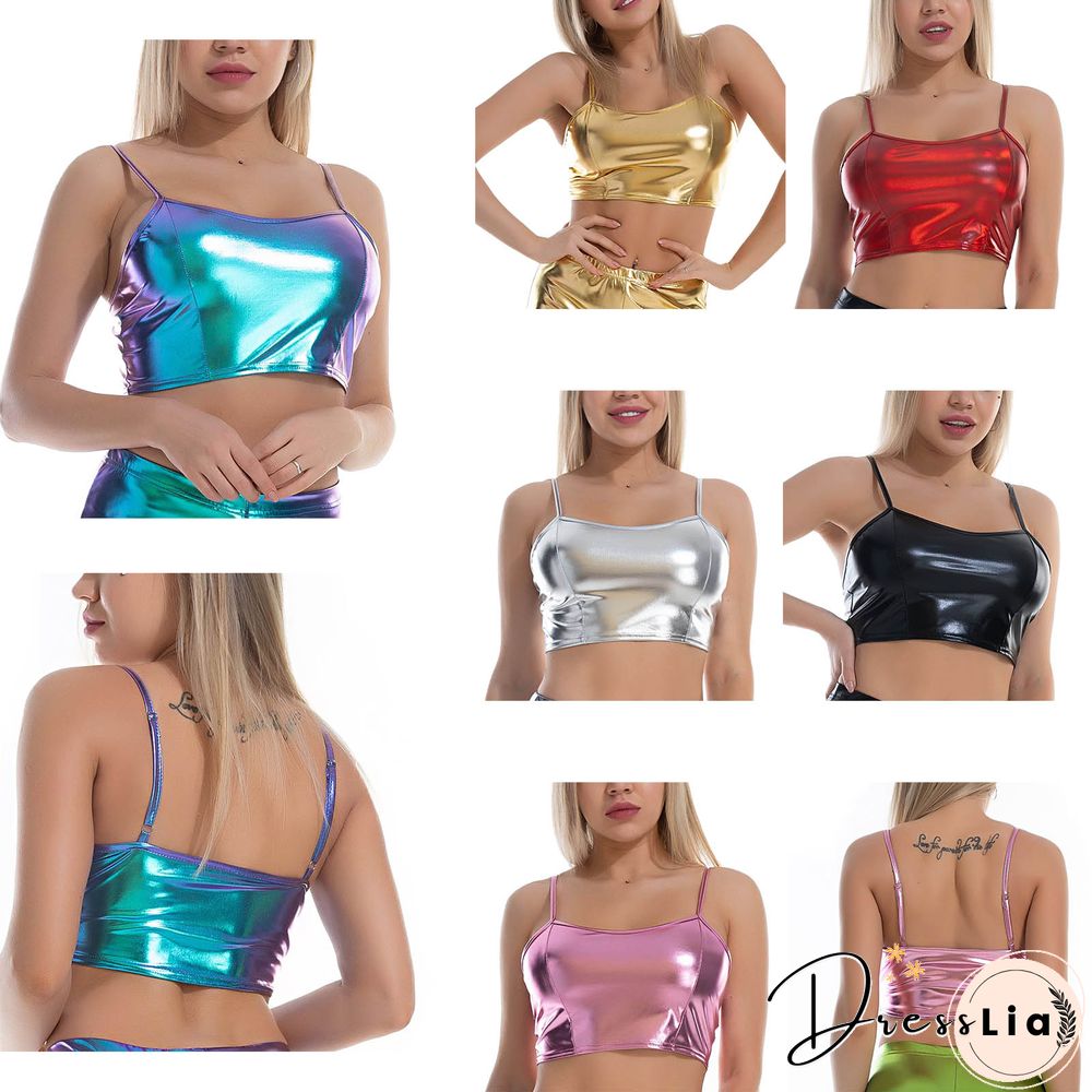 Women Sexy Shiny Metallic Crop Top Wet Look Adjustable Strap Holographic Cami Tank Top Rave Dance Vest Top Party Clubwear