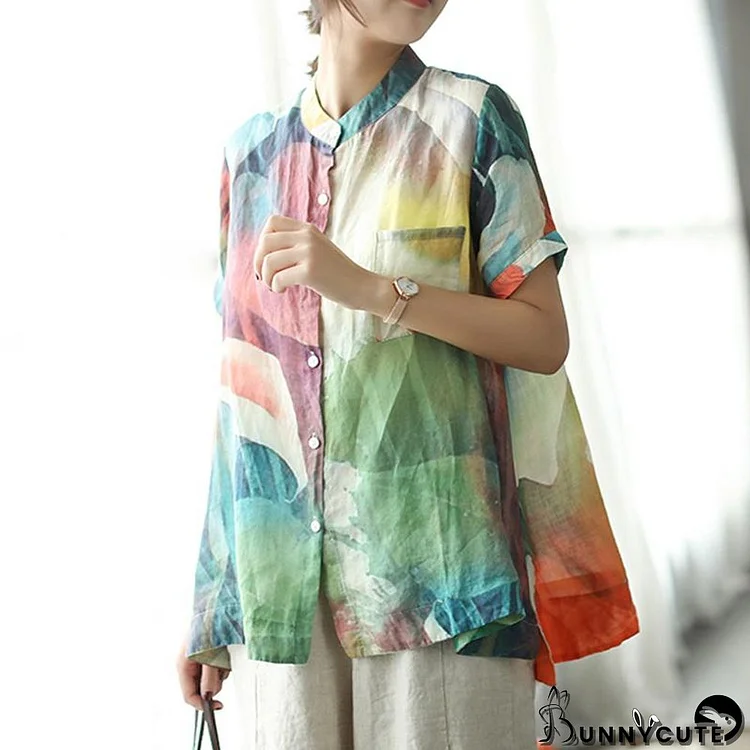stylish summer linen blended tops plus size Loose Multicolor Stand Collar Casual Women Blouse