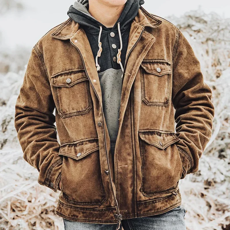 Rugged Canvas Zip Front and Button Closure Work Jacket