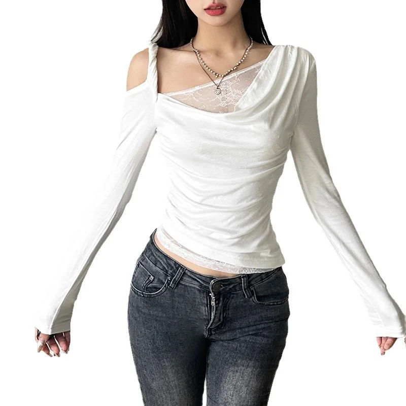 Uveng 2024 Autumn New Women's Clothing Shoulder-Slanted Collar Hollow Perspective Folding Body To Close The Waist On The Umbilical