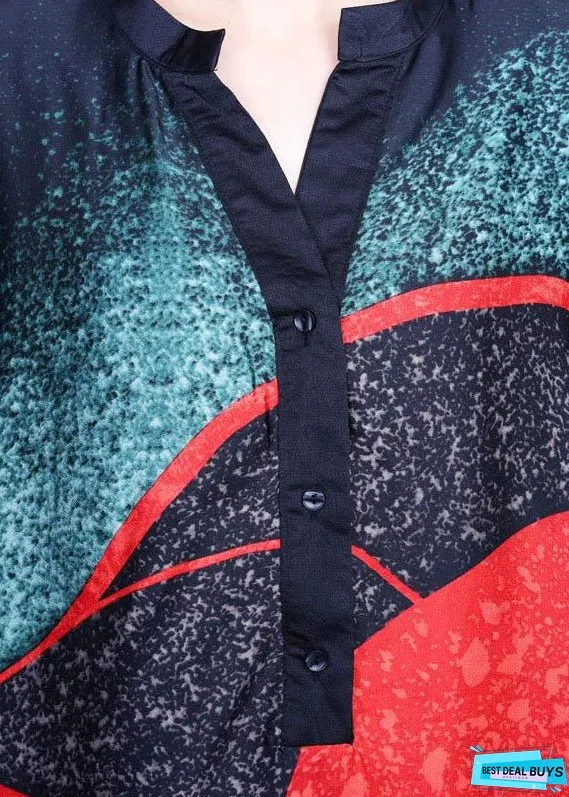 Vintage Color block Bat wing Sleeve Print Silk Dress