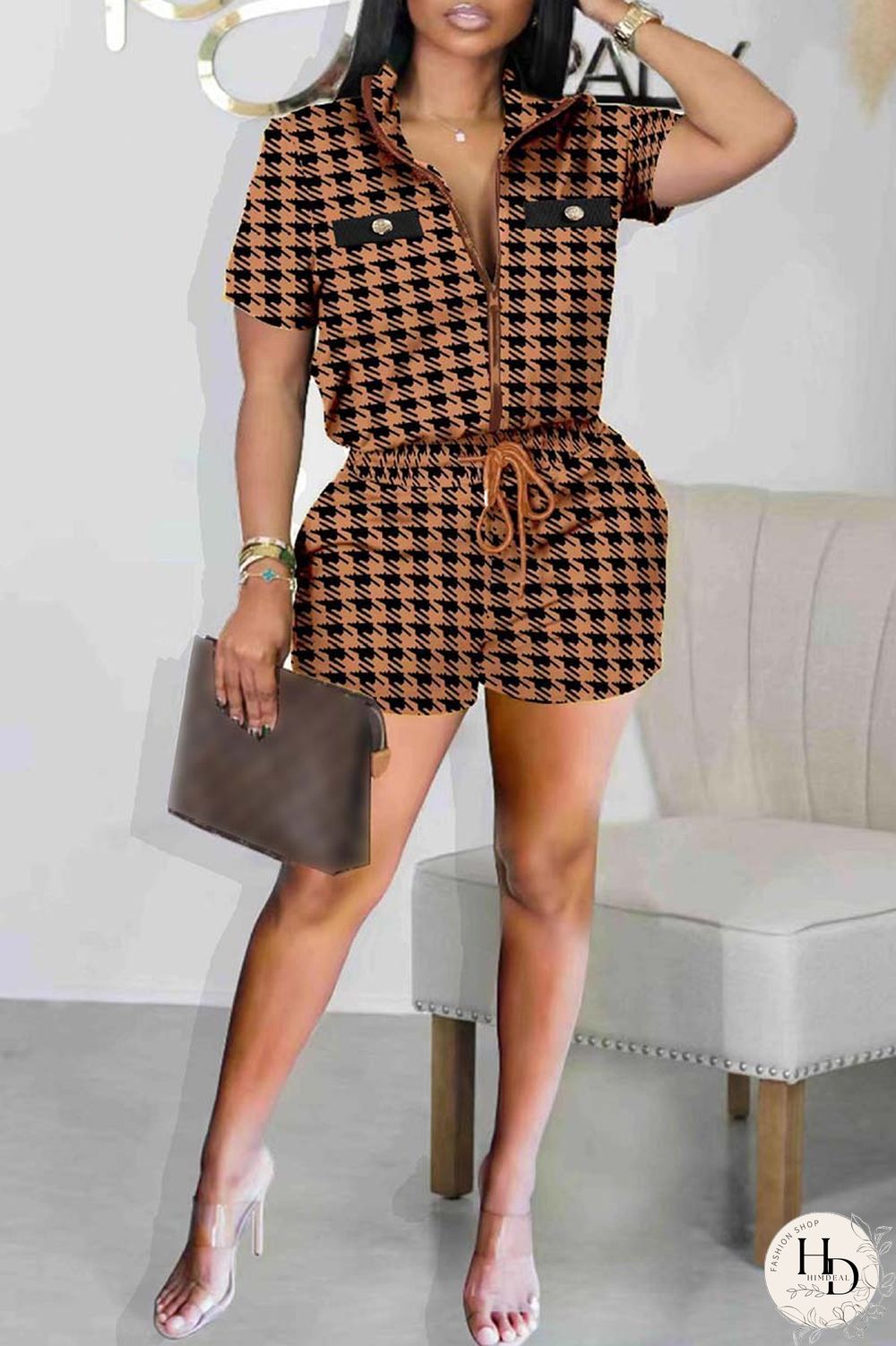 Black Casual Print Patchwork Zipper Collar Short Sleeve Two Pieces