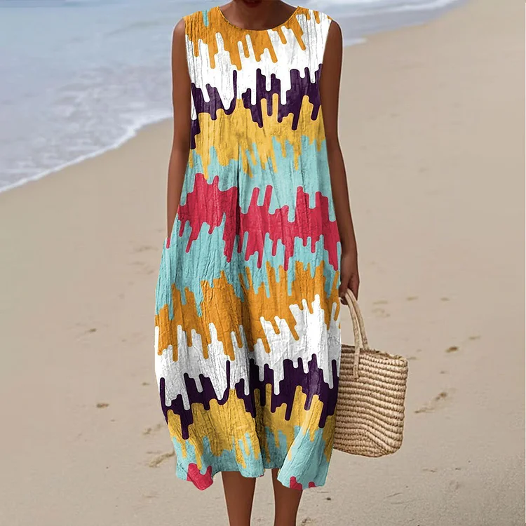 Women's Vintage Color Block Art Print Sleeveless Cotton Pocket Wrap Dress