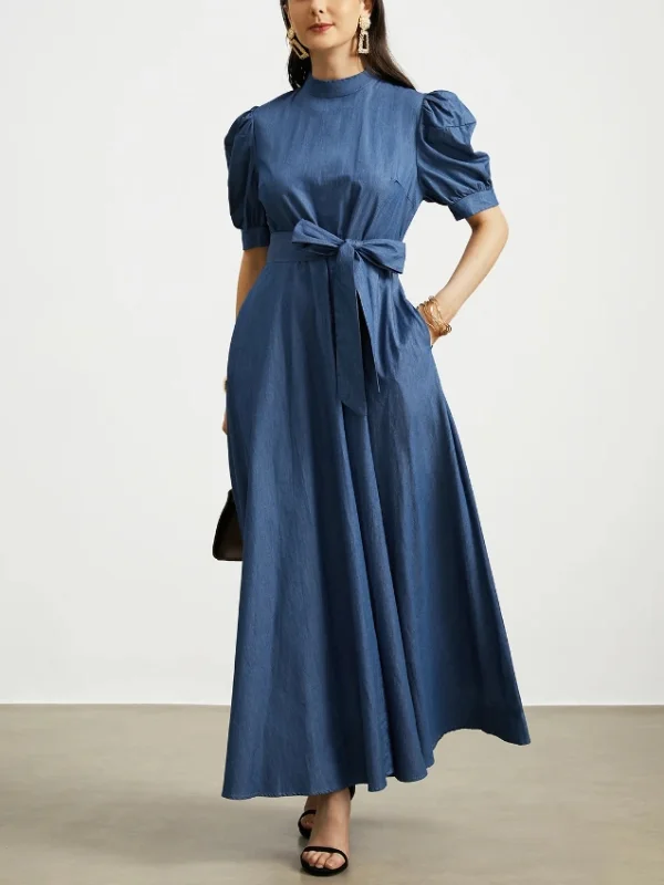 Vacation Plain Stand Collar Faux Denim With Belt Maxi Dress