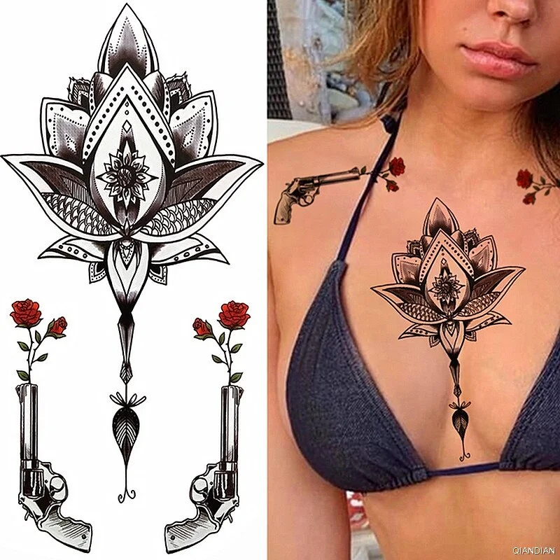 Black Sexy Flower Temporary Tattoos Sticker Arm Sleeve Rose Tree Skull Lion Bear Snake Henna Body Decorate Fake 3D Women Totem
