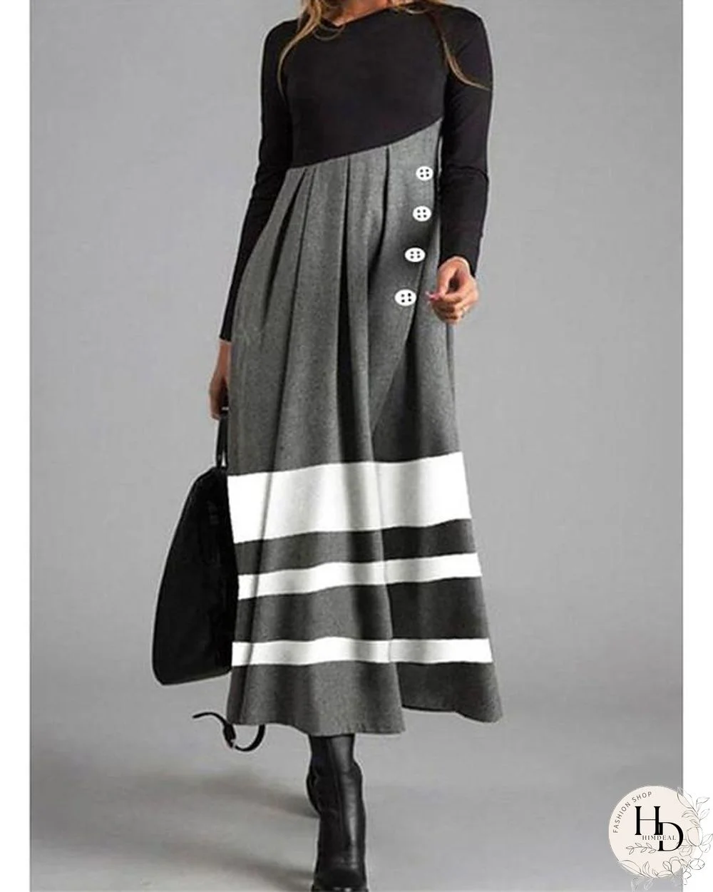 Women's Shift Dress Maxi long Dress Long Sleeve Striped Color Block Button Fall Winter Casual Gray M L XL XXL 3XL Black Dresses