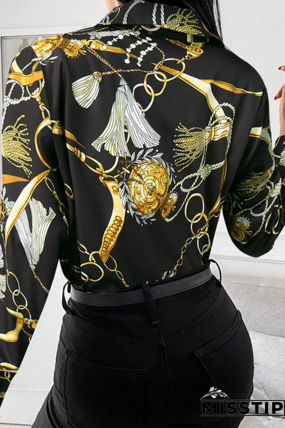Black Red Casual Print Patchwork Shirt Collar Tops