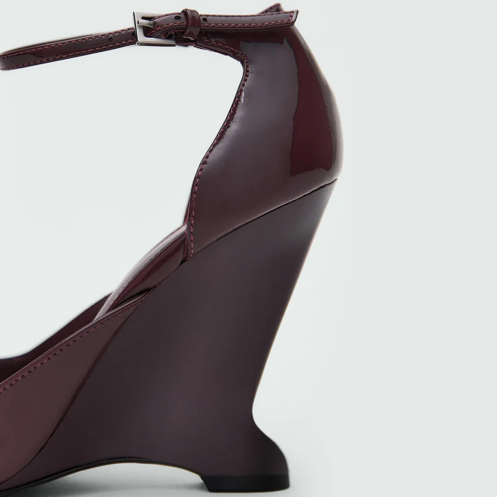 Simple Maroon Pointed Toe Ankle Strap Wedge Heel Pumps for Women