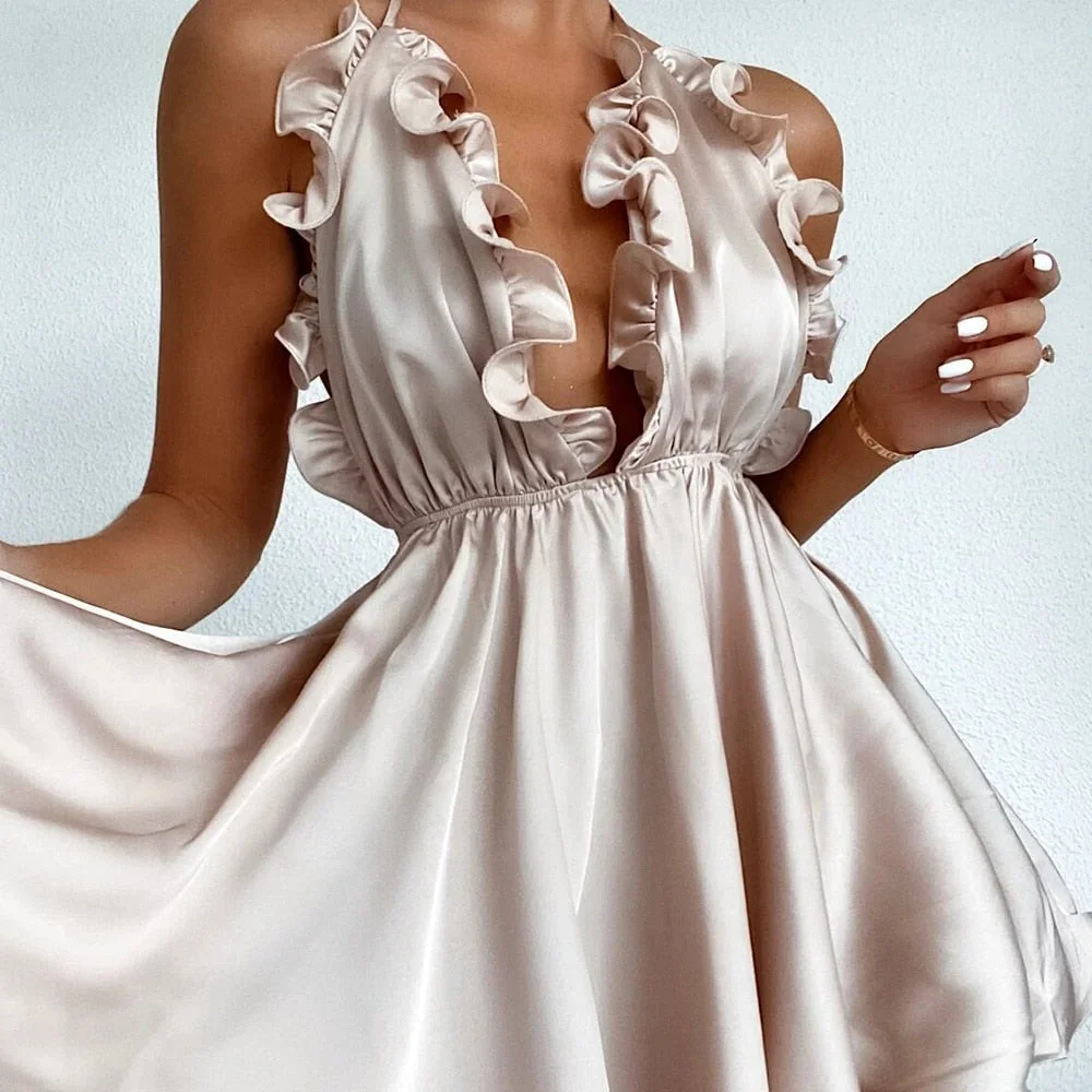 Graduation dress Ladies  Slip Dress Summer Women Leisure Style Solid Color Wave V-neck Sleeveless Backless Ruched Short Skirt Party Dress