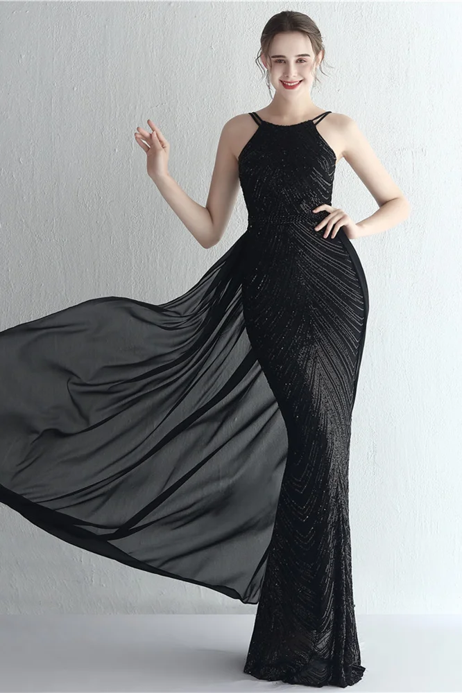 Bellasprom Halter Sleeveless Sequins Evening Dress Mermaid With Detachable Ruffle