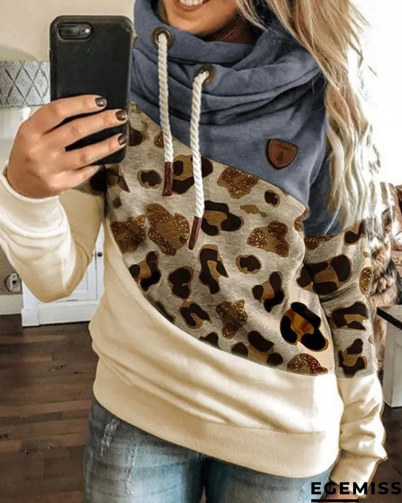 Lantern Sleeve Colorblock Leopard Print Hooded Top | EGEMISS