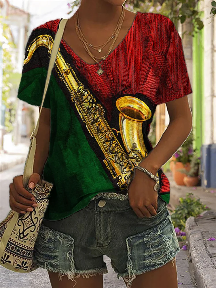 Jazz Lover Saxophone Rasta Contrast V Neck T Shirt