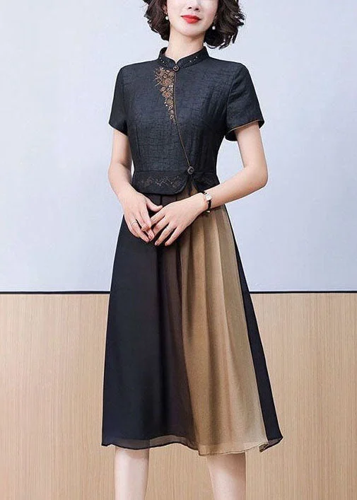 Women Black Stand Collar Patchwork Embroideried Silk Dress Summer