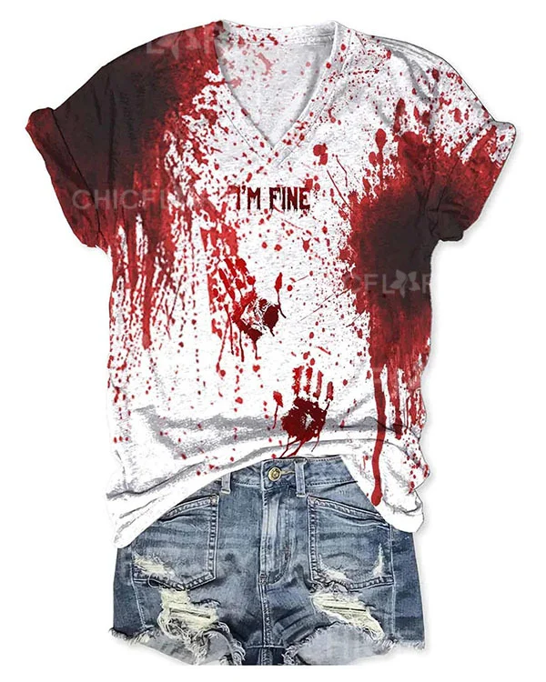 Women Halloween Humor Funny Bloodstained Print V-Neck Short Sleeve T-Shirt