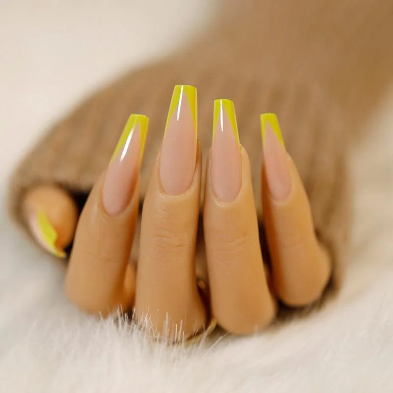 Detachable Yellow French Long Coffin Ballet Fake Nails nail art Wearable False Nails Full Cover Nail Tips press on nails 24PCS