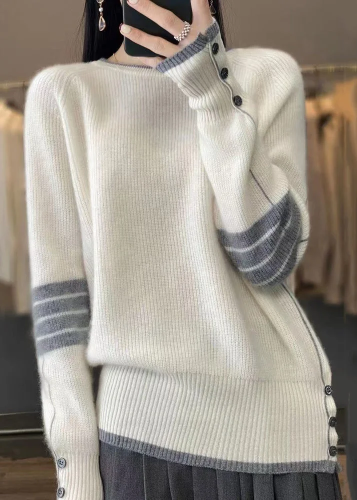 French White O Neck Button Cozy Cotton Knit Sweaters Long Sleeve