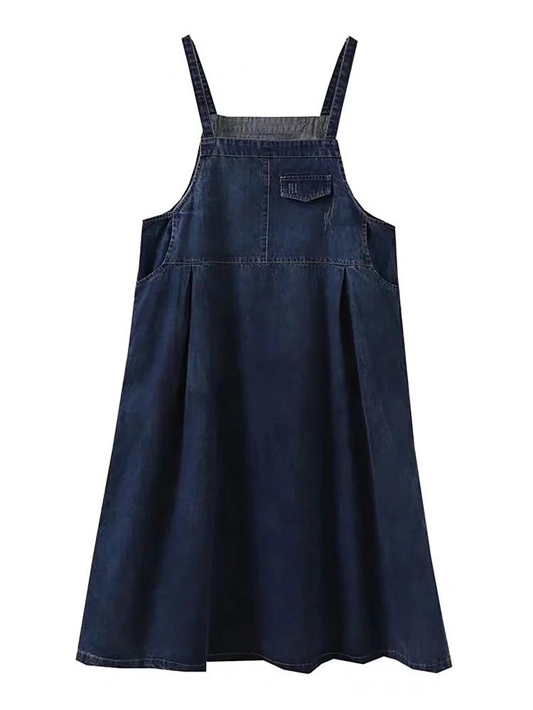 Women Spring Vintage Solid Pocket Overall Dress