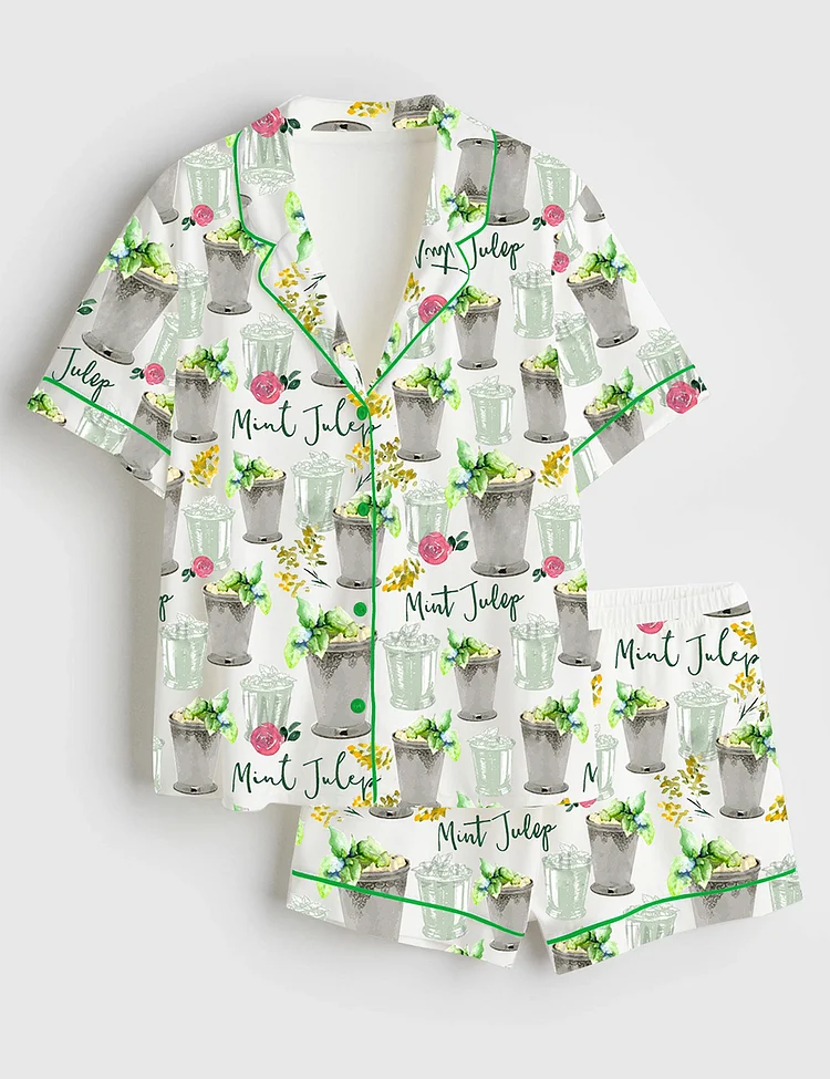 Women&rsquo;s Kentucky Derby Mint Julep Horse Racing Run For The Roses Short Sleeve Satin Pajama Set