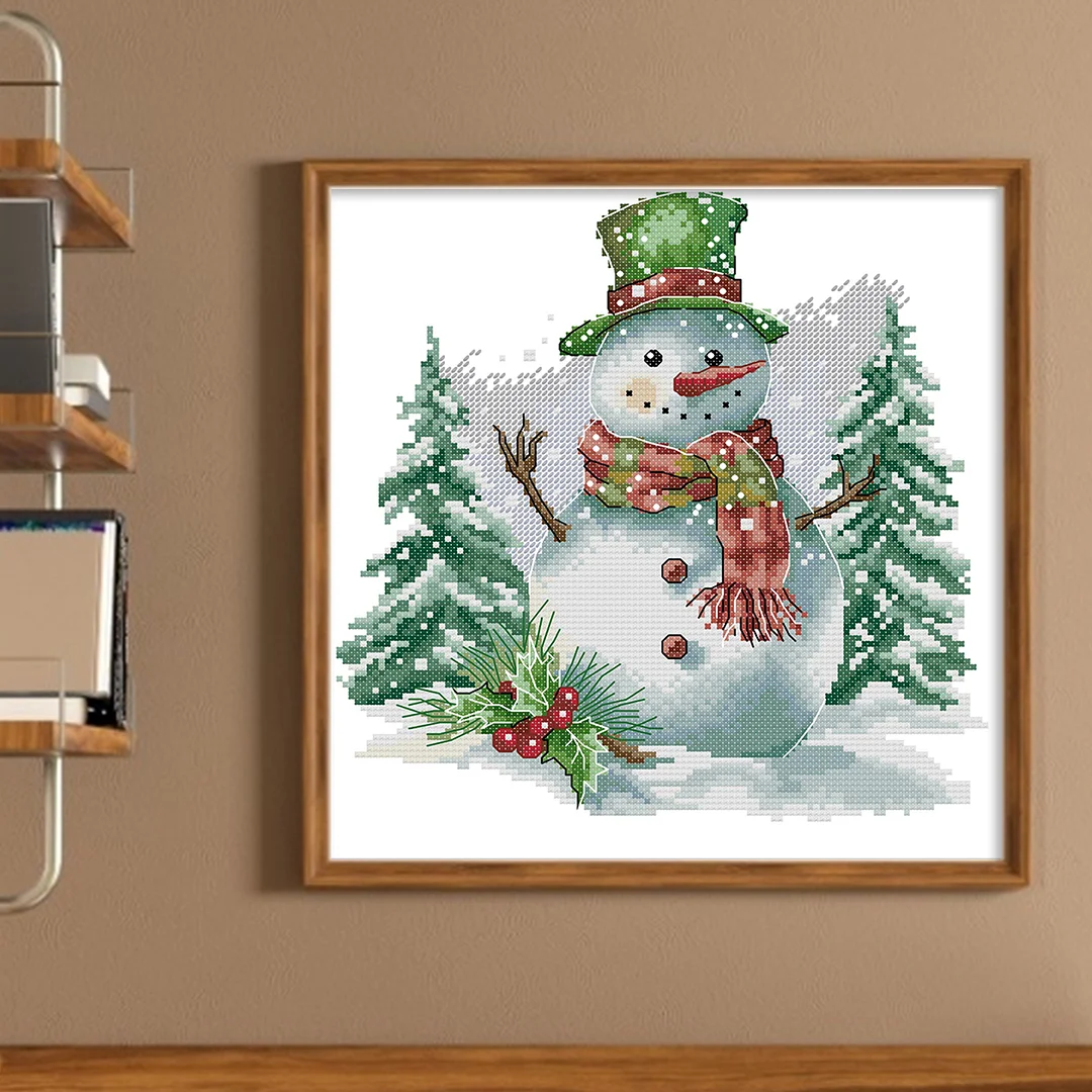 Green Snowman Partial 14CT DIY Stamped Cross Stitch Kits for Adults 27x28cm