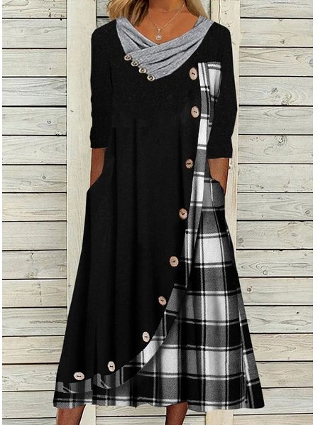 Casual Cotton Blends Grid Cowl Neck Loosen Knitting Dress D28- Fabulory