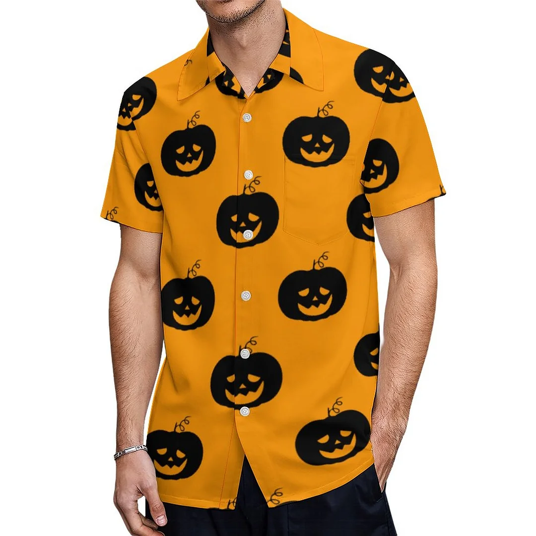 Short Sleeve Orange Pumpkin Halloween Hawaiian Shirt Mens Button Down Plus Size Tropical Hawaii Beach Shirts