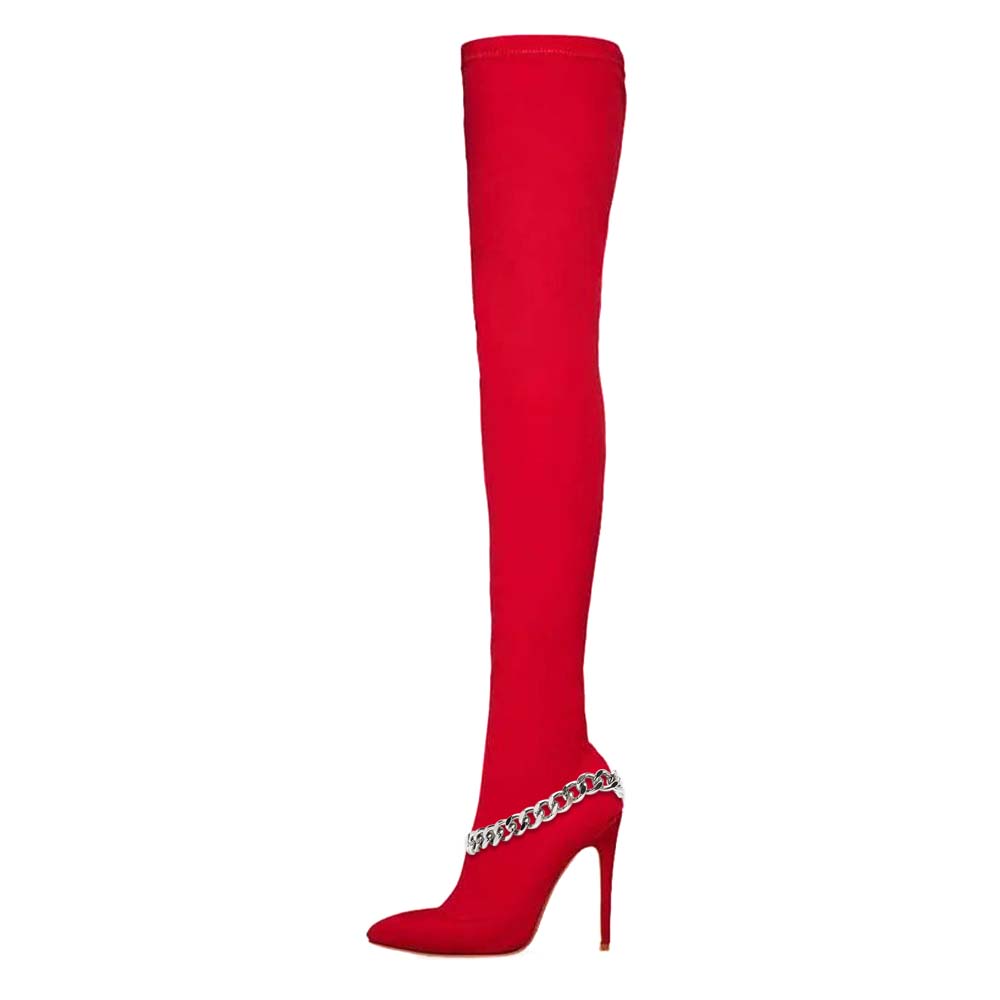 Stylish Pointed Toe Metal Chain Heeled Over The Knee Boots in Red Nicepairs