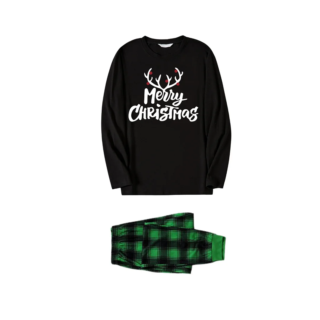 Christmas Antlers and "Merry Christmas" Print Black Long Sleeve Top with Green and Black Plaid Family Matching Pajamas