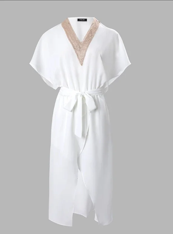 Mongw Mongw Summer Fashion Mature Women's Lace Lace V Collar Tie With Slit Casual Dress