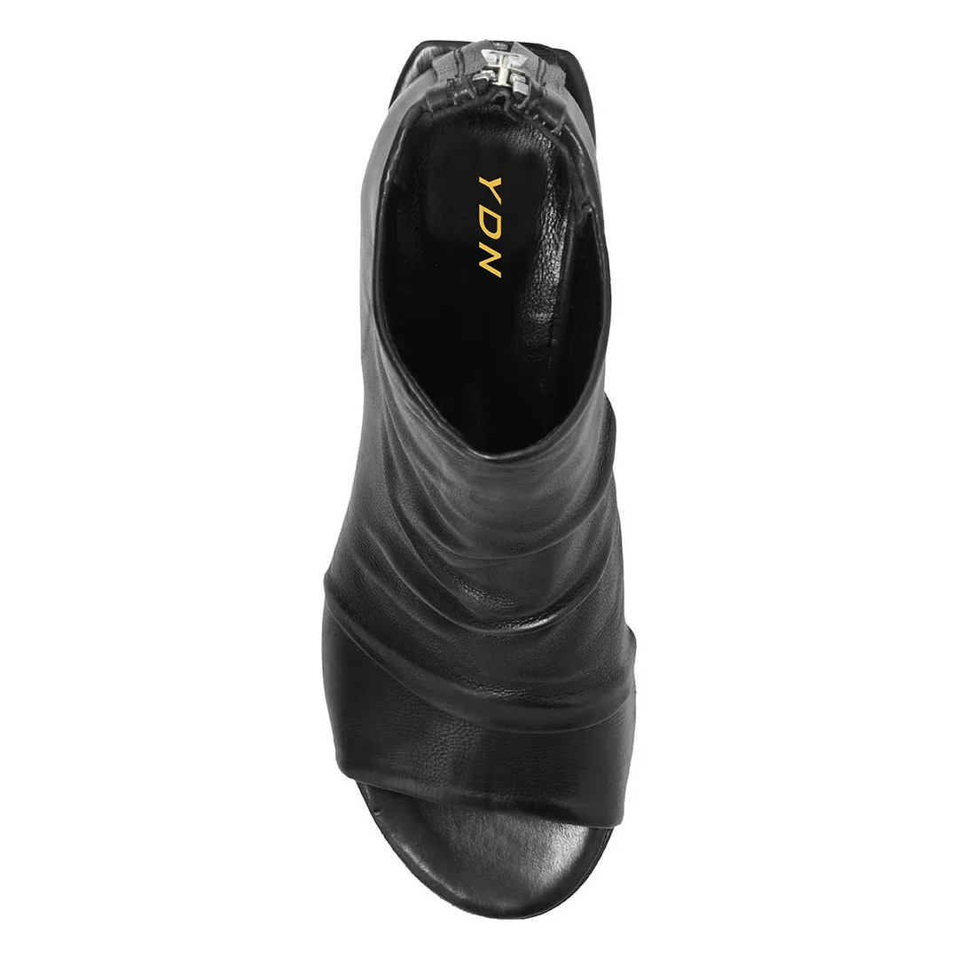 Women's Black Block Heel Wrinkled Peep Toe Booties with Zipper